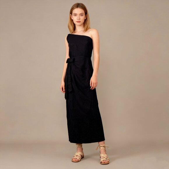 Farm Rio Dresses & Skirts - NWT Farm Rio Linen Blend Black One Shoulder Bow Smocked Wrap Maxi Dress Sz XL